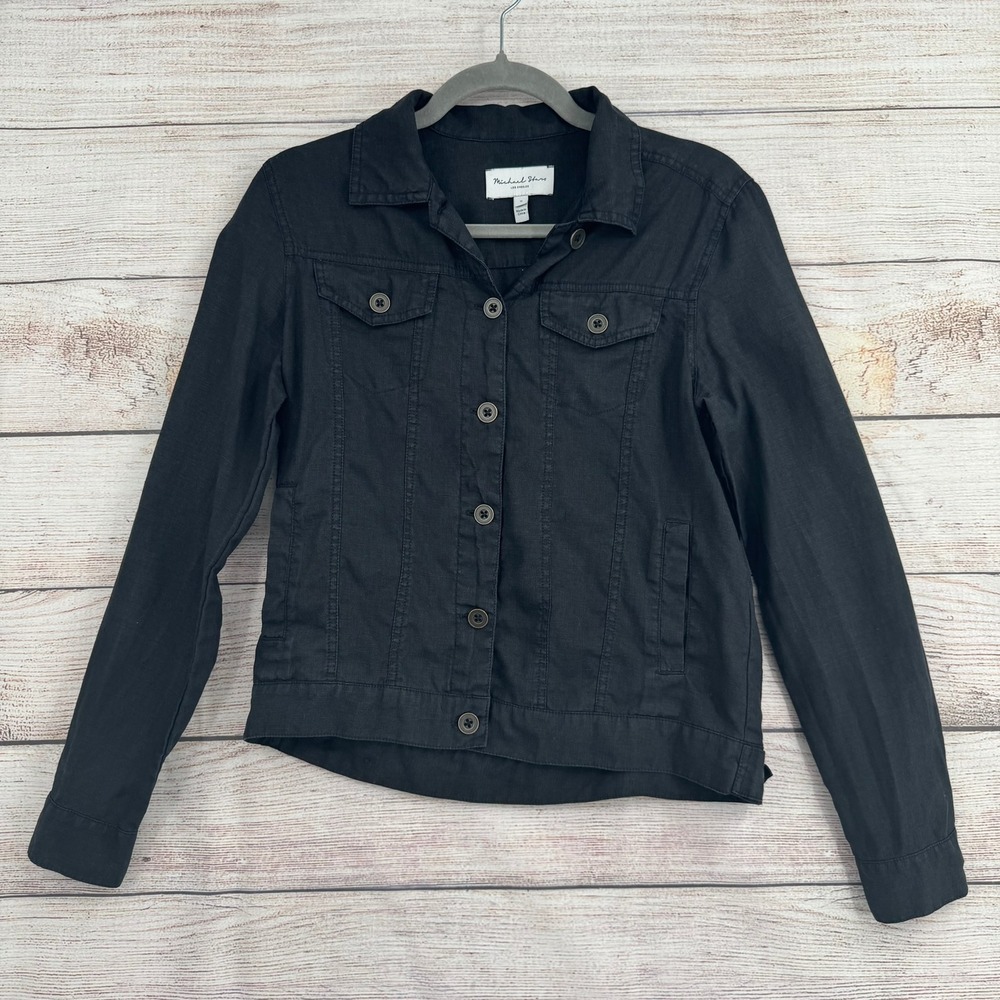 Michael Stars Linen Trucker Jacket Womens S Black Button Front WNT84
